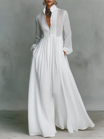 Abito Maxi Minimalista in Cotone e Lino con Patchwork, Collo Alzato e Maniche Lunghe